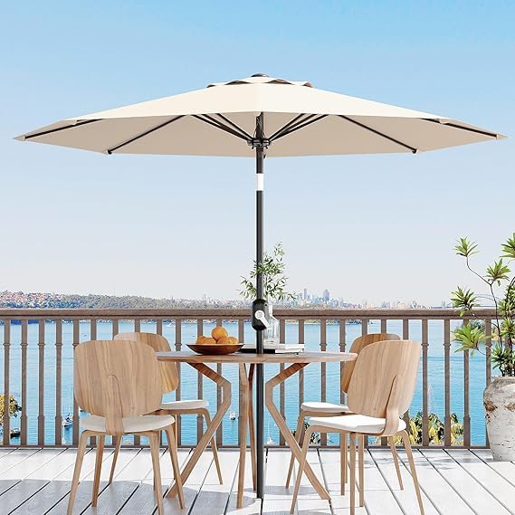 Garvee 10FT Patio Umbrella - Outdoor Table Umbrella with Crank Lift & Push Button Tilt - Market Umbrella 8 Sturdy Ribs UV Protection for Pool, Deck, Yard, Garden - Light Beige