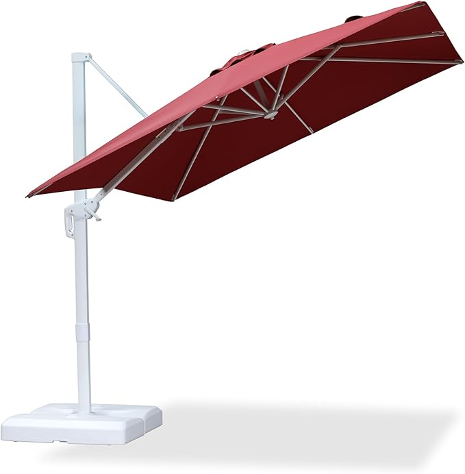 PURPLE LEAF 8 FT Patio Umbrella White Cantilever Umbrella Aluminum Square Outdoor Offset Umbrella Hanging Windproof with 360° Rotation for Garden Deck Pool, Red