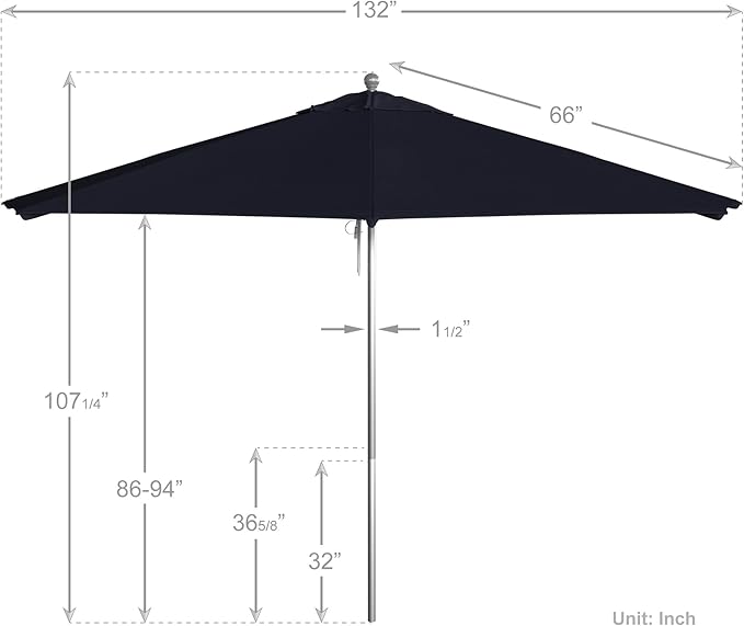 California Umbrella 11Ft Commercial Grade Sunbrella Fabric Market Umbrella, Pulley Lift, Aluminum/Fiberglass, 2mm pole wall, Silver Frame, Navy Fabric