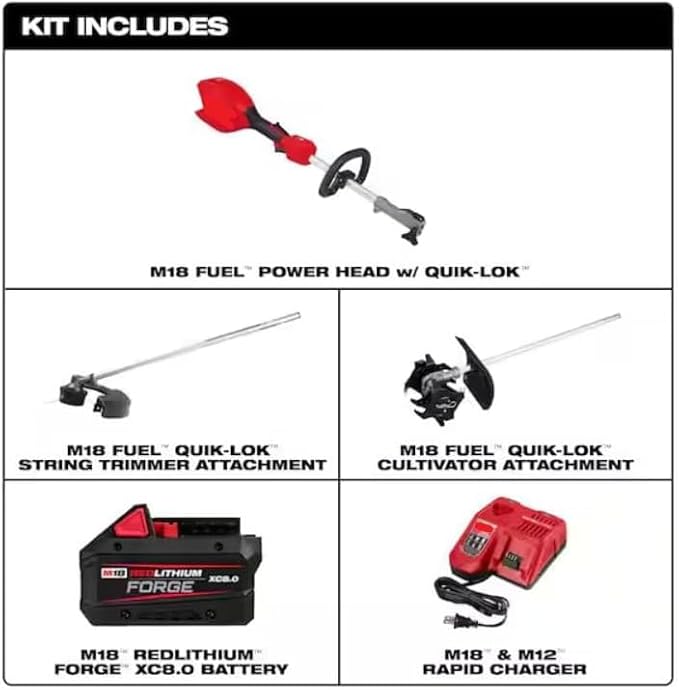 for Milwaukeed M18 Fuel 18V 16 in. Brushless Cordless Batery Powered String Trimmer 8.0 Ah FORG Kit w/Cultivator Attachment + TPT Premium cart