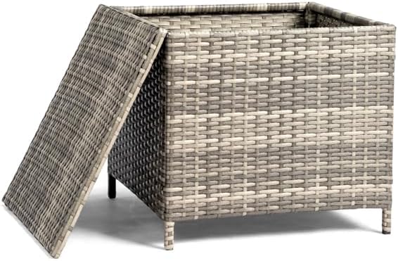 Outdoor PE Wicker Side Table with Storage, Patio Rattan End Table Square Container for Furniture Covers (Grey)