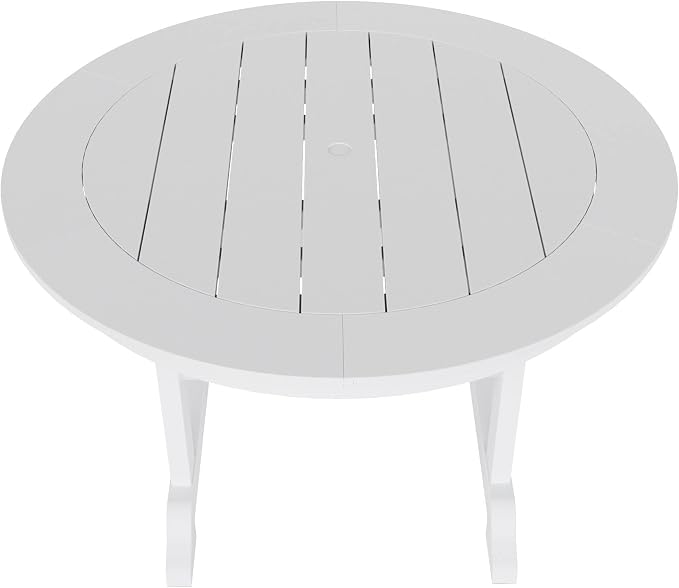 WestinTrends Malibu Patio Dining Table, All Weather Poly Lumber Adirondack 47" Trestle Round Outdoor Table with Umbrella Hole, White