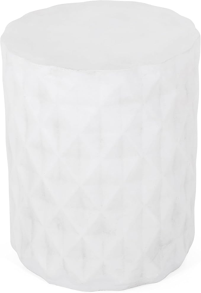 Outdoor Side Table 15.25" Geometric Shape Lightweight Concrete-Look Outdoor Indoor Accent Table Decorative Garden Stools, for Patio Porch Living Room, White
