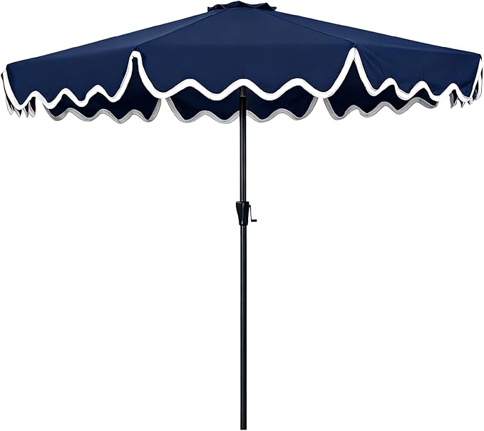 Tempera 9FT Scalloped Tassel Patio Umbrella, Outdoor Market Umbrellas with 8 Sturdy Ribs with Crank & Pust Button Tilt,Fade Resistant Canopy