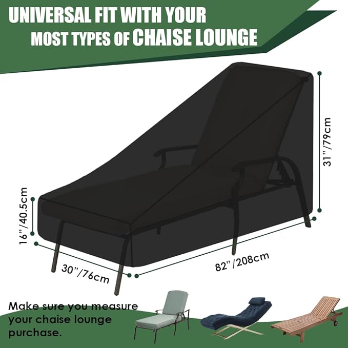 Chaise Lounge Cover Outdoor Waterproof Heavy Duty Lounge Chair Cover with Windproof Elastic Hem Indoor Extra Large Anti-UV Chaise Lounge Cover Patio Garden Furniture All Season Protection 1Pack