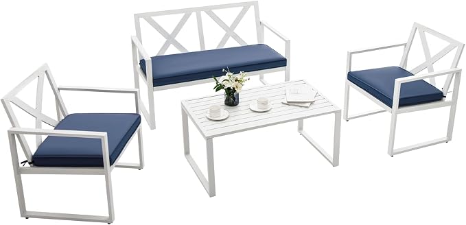 Tangkula 4 Pieces Outdoor Conversation Set, Patiojoy Heavy Duty Steel Frame Patio Chairs with Coffee Table Set, Soft Seat Cushions, for Garden, Backyard, Poolside, Balcony and Deck (Navy)