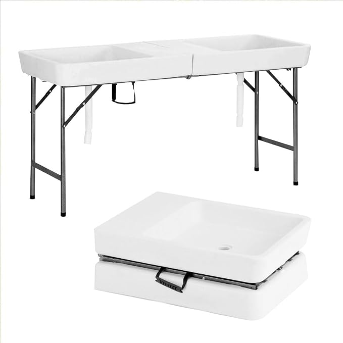 Folding Ice Cooler Table 5ft with Drain, White | Portable Chill Station, No Setup Required, Skirt-Ready, For Parties, Picnics & BBQs, Load & Serve Drinks & Food
