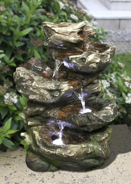 Hi-Line Gift Ltd 4-Level Log Waterfall Fountain, Includes Underwater LED Light and Pump