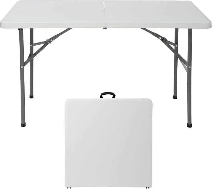 ZenStyle 4 ft Indoor Outdoor Heavy Duty Plastic Folding Table Portable Picnic Table Fold-in-Half Utility Table w/Handle and Steel Legs for Camping, Dining, Party, White