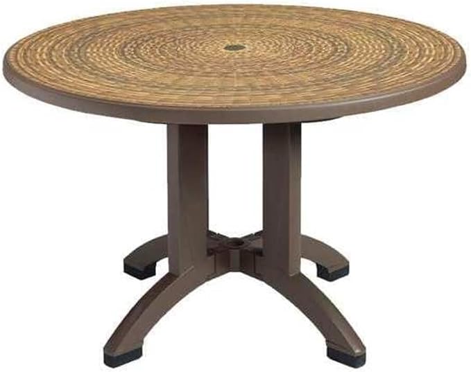 Aquaba Outdoor Table, 48" Round, with Umbrella Hole, Mpc Technology, Resin with Wicker Inlay Design, Balcony Legs, Power Washable, Uv Resistant, Recyclable, Bronze
