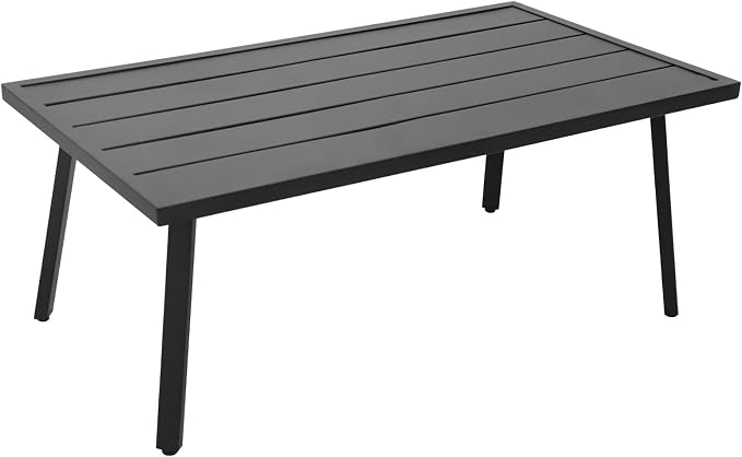 Patio Coffee Table, Rectangle Outdoor Coffee Table with Wood Grain Tabletop for Patio, Balcony and Garden, Black