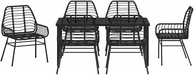 Afuera Living 7 Piece Poly Rattan Garden Dining Set, Black Finish, Weather-Resistant UV-Protected Materials, Glass Table Top, Comfort Seating, Modern Outdoor Patio Dining Furniture for Garden or