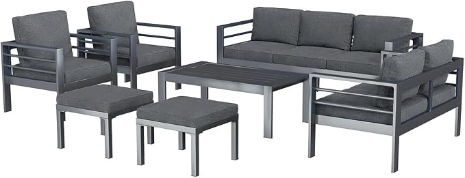 AECOJOY Aluminum Patio Furniture Set, 9 Seats Modern Outdoor Furniture with Coffee Table, 7 Pieces Metal Conversation Sectional Sofa, Dark Gray
