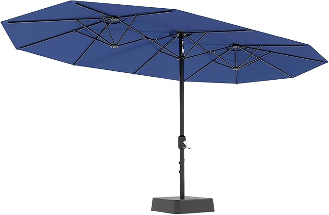 15FT Large Patio Umbrella with Base Included, Outdoor Double-Sided Rectangle Market Umbrella with Crank Handle for Pool, Lawn, Garden, Backyard, Navy Blue