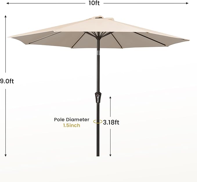 MEWAY 10ft Patio Umbrella Outdoor Table Umbrellas with Push Button Tilt and Crank, Market Umbrella 8 Sturdy Ribs for Deck, Garden, Pool and Backyard, Beige