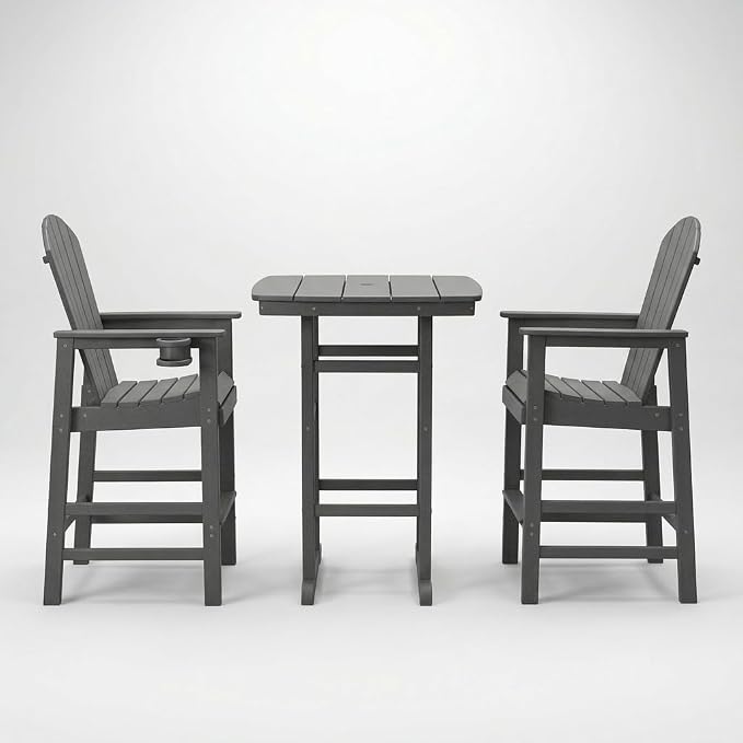 3-Piece HDPE Bar Height Table and Chairs Set, 42.1" Square High Top Pub Table with Umbrella Hole, 2 Adirondack Charis with Cup Holders, Outdoor Patio Dining Set for Bistro Backyard Deck Gray