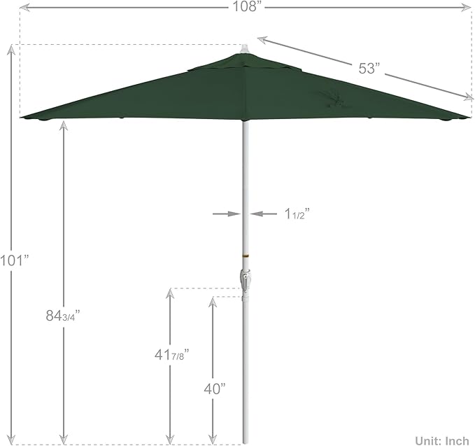 California Umbrella 12-Year Protection 9' Rd Aluminum Patio Umbrella, Crank Lift, Auto Tilt, White Finish, Sunbrella Forest Green