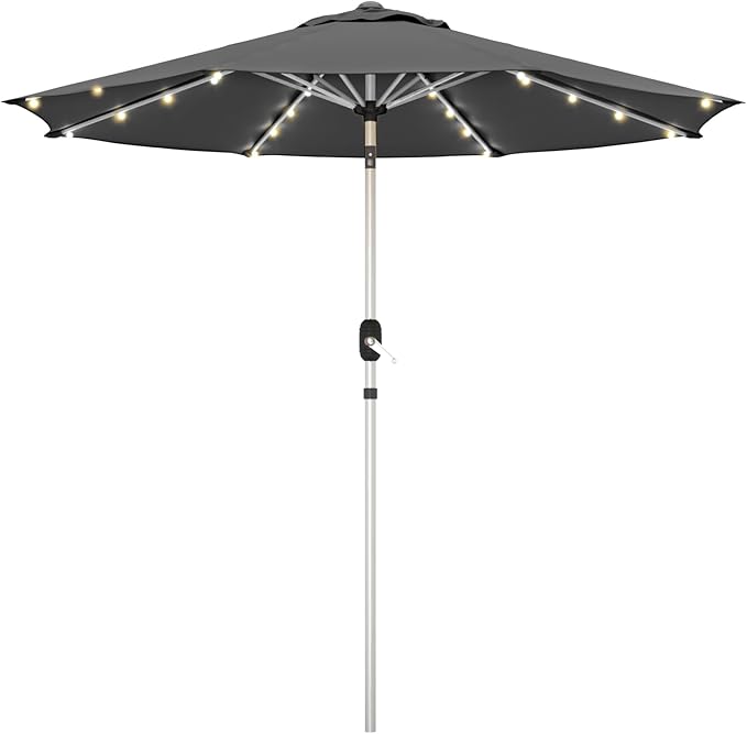 9FT Aluminum Patio Umbrella with 40-LED Solar Lighted, Fade-Resistant Outdoor Market Table Umbrella with Push Button Tilt Function, 8 Sturdy All-Aluminum Ribs for Gardens, Decks, Backyards & Pools