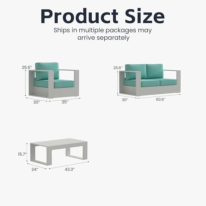 4 Pieces Patio Furniture Set with Coffee Table, Metal Modern Conversation Set with Deep Seating and Widened Aluminum Frame for Deck, Porch, Garden