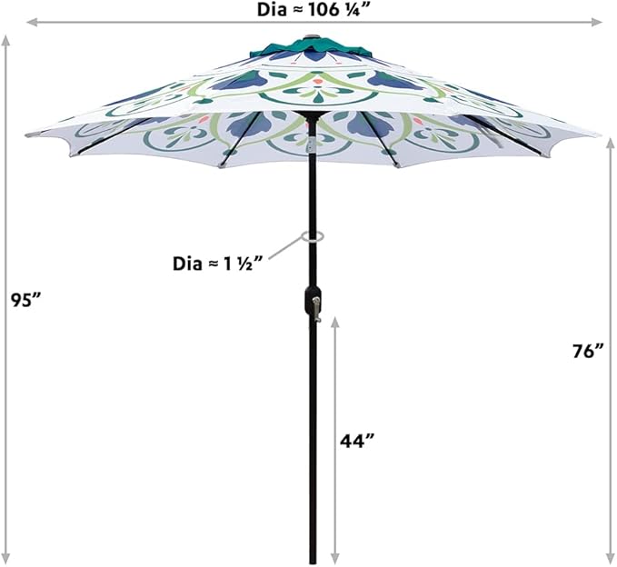 ABBLE Outdoor Patio Umbrella 9Ft Crank & Tilt Printed Market Umbrella for Picnic Table, Pool, Garden, Deck, Backyard and Beach