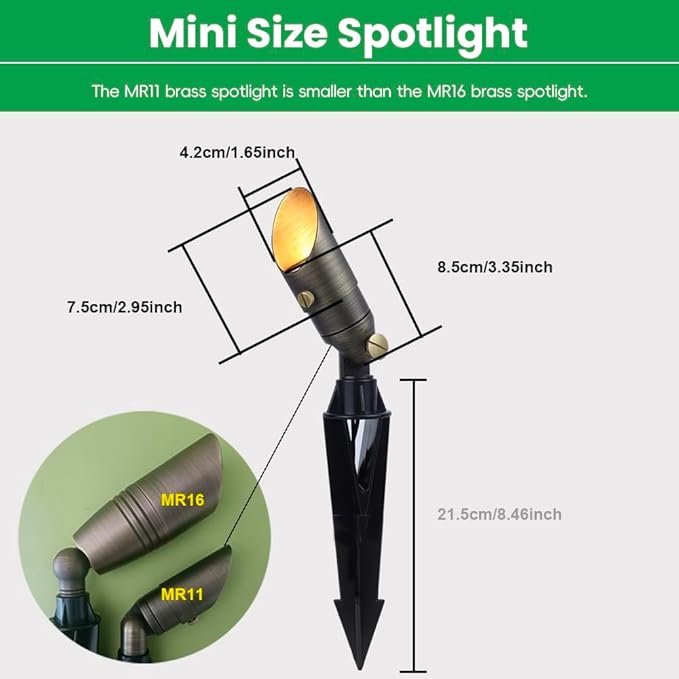 Brass Landscape Light, 12V Low Voltage Mini Spotlight, Replaceable 3W MR11 LED Bulb Warm White, Solid Brass Spot Light, Weatherproof Accent Light for Outdoor Garden Yard Lighting 1-Pack