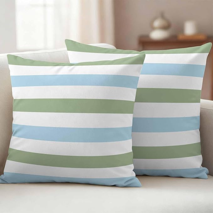 Sage Green Blue Striped Outdoor Pillow Covers 24x24 Inch Throw Pillow Covers Set of 2 Waterproof Decorative Pillow Cases Farmhouse Sage Green Stripes Cushion Covers for Patio Furniture Garden Couch