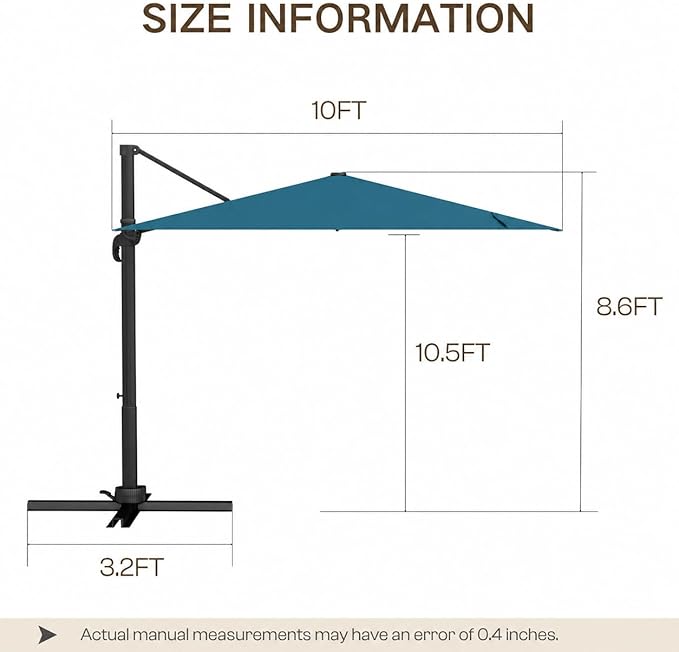 Kingdura 10x10 FT Cantilever Patio Umbrella with Base Included, Large Square Aluminum Offset Outdoor Pool Umbrella, 360° Rotation & 4-Position Tilt, UV Protection for Deck Backyard (Lake blue)