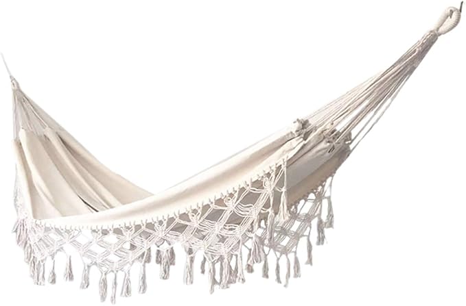 YFUG GO Double Sized Boho Macrame Cream Hammock with Elegant Tassels and Fishtail Knitting 485Lbs Includes Tie Ropes and White Drawstring Bag for Women