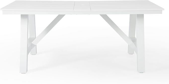 Costaelm Outdoor Dining Tables for Patio, 72" Rectangle 6-Person HDPE Dining Table with Umbrella Hole and Metal Frame for Outside, Garden, Poolside, Backyard, Porch, Balcony, White