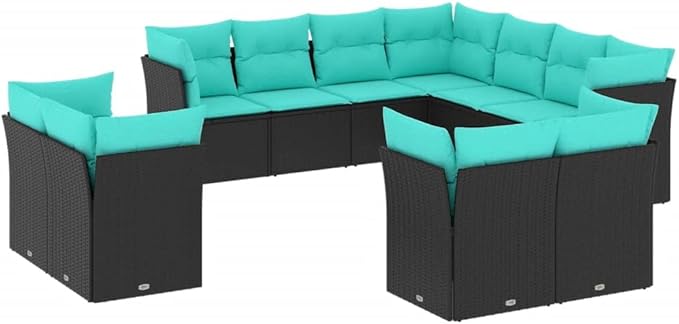 11 Piece Patio Sofa Set with Cushions, Patio Conversation Set Sectional Sofa Garden Lounge Set Front Porch Furniture for Negotiation Area Exhibition Garden Piazza Black Poly Rattan