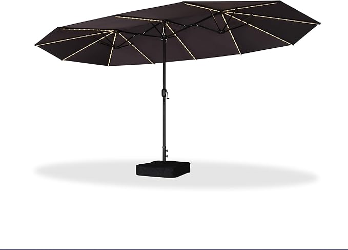 PURPLE LEAF 15ft Patio Market Umbrella with Solar LED and Base Double-Sided Rectangle Outdoor Table Sun Umbrellas with Crank for Pool Beach Deck Backyard Gray