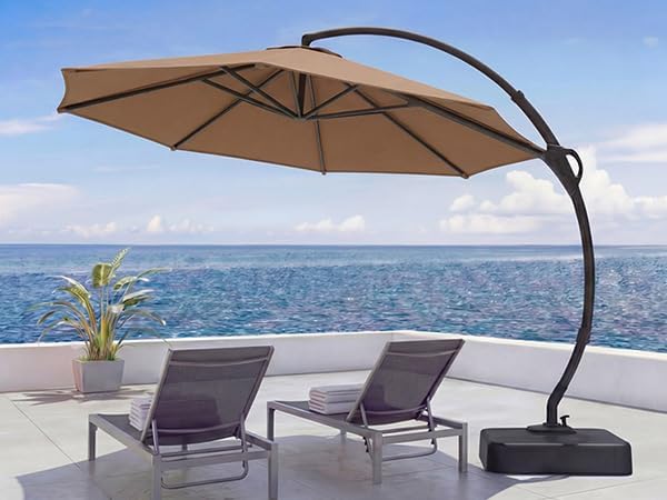 LAUSAINT HOME 10FT Curvy Cantilever Patio Umbrella with Base, 360° Rotation Offset Outdoor Umbrella, Heavy Duty Hanging Umbrella for Backyard, Pool, Garden(Tan)
