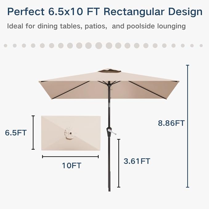 6.5' x 10' Rectangular Patio Umbrella Large Outdoor Market Umbrella w/UV Protection, Push Button Tilt and Crank Lift, Rectangle Table Umbrella for Garden, Deck, Pool, Patio, Beige