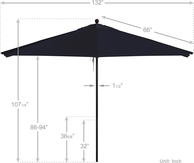 California Umbrella 11Ft Commercial Grade Sunbrella Fabric Market Umbrella, Pulley Lift, Aluminum/Fiberglass, 2mm pole wall, Bronze Frame, Navy Fabric