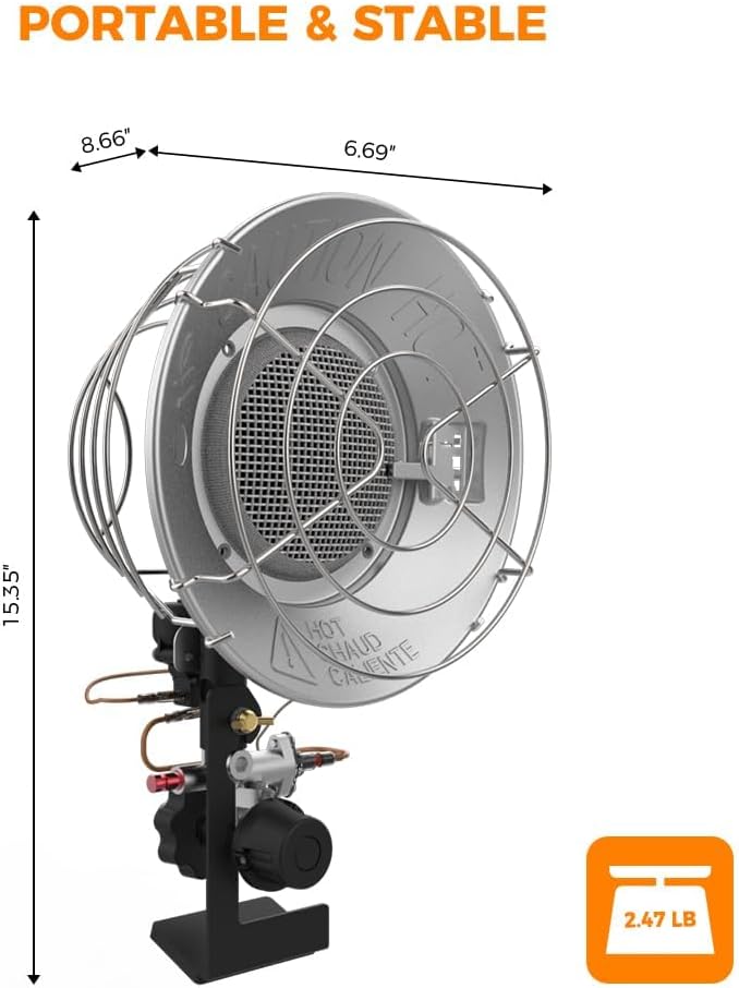 CAMPLUX Tank Top Propane Outdoor Heater 15,000 BTU, Single Burner Radiant Outdoor Heater with Tip-Over, 3 Adjustable Heat Modes with CSA Valve & Regulator for Garage, Camping, Hunting, Fishing, Patio