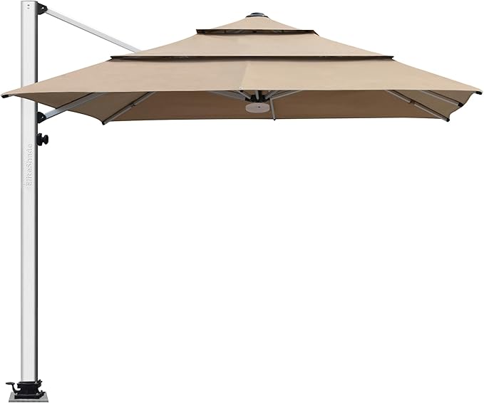 EliteShade USA APOLLO 3-Tier 10x10FT Full Aluminum Cantilever Patio Umbrella for Outdoor restaurant Garden Courtyard Deck Pool and Marketing with Light,Heather Beige