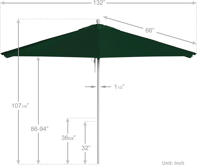 California Umbrella 11Ft Commercial Grade Market Umbrella, Pulley Lift, Aluminum/Fiberglass, 2mm pole wall, White Frame, Solution Dyed Hunter Green Fabric