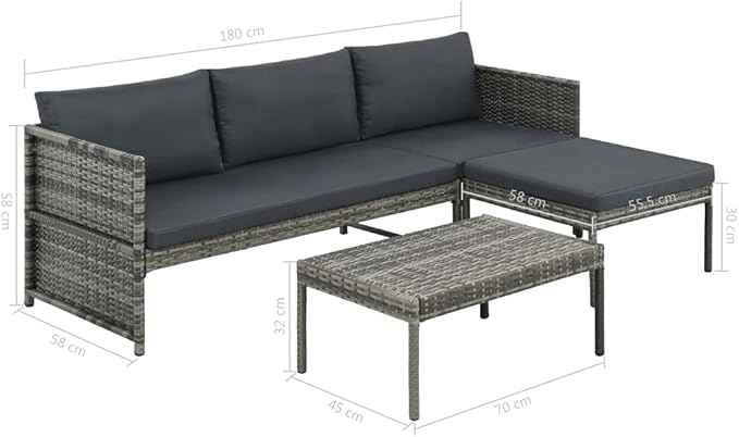 Wicker Outdoor Patio Furniture Set, PE Rattan Patio Conversation Set 3 Piece Garden Lounge Set with Cushions Poly Rattan Gray