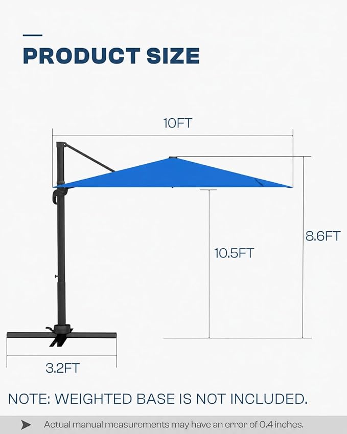 10'×10' Patio Umbrella, Aluminum Cantilever Umbrella with 360°Rotation, Offset Patio Umbrella with Easy Tilt Fade Resistance for Pool Deck Backyard, Royal Blue (Base not Included)