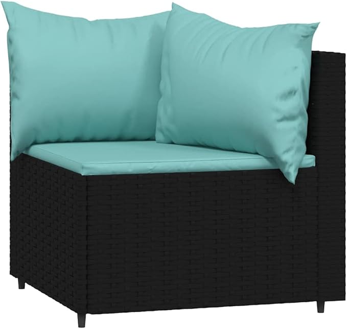 3pc L-Shaped PE Rattan Patio Set, Black/Water Blue, with Glass Table, Modular Outdoor Sofa for Garden/Balcony
