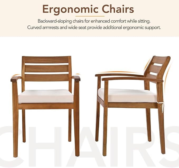 SOFTSEA 7-Piece Outdoor Acacia Wood Dining Table Set with Bench, All Weather Patio Dining Set with Ergonomic Chairs and Removable Cushions, Acacia Wood