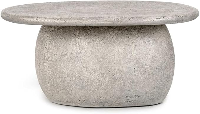 Pemberly Row 42-Inch Round Outdoor Coffee Table, Light Gray Concrete Stone, Plinth-Style Base, Smooth Finish, Durable Modern Industrial Design for Patio or Backyard Spaces