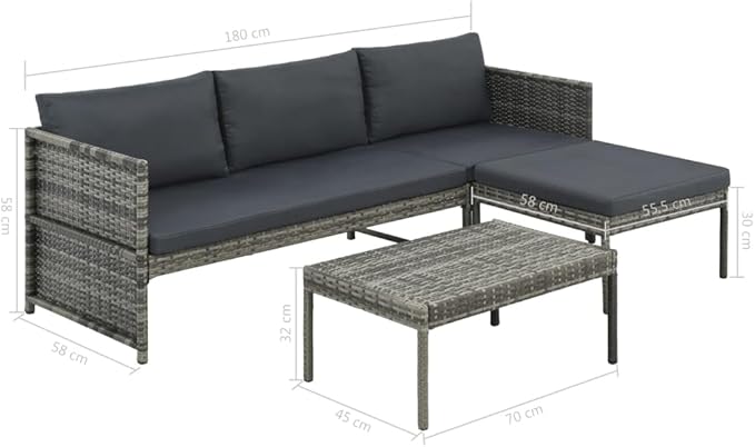 3 Piece Patio Lounge Set with Cushions, Front Porch Furniture Outdoor Dining Sets Outdoor Sofa Sets Patio Conversation Set for Poolside Exhibition Piazza Negotiation Area Poly Rattan Gray