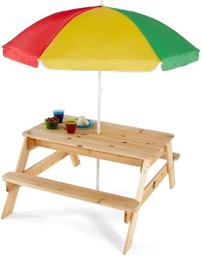 Plum® Wooden Kids Picnic Table - Outdoor Toddler Activity Table and Chair Set with Removable & Adjustable Umbrella, Built-in Bench, Backyard Furniture, Durable, Weatherproof, Easy to Clean, Ages 2+