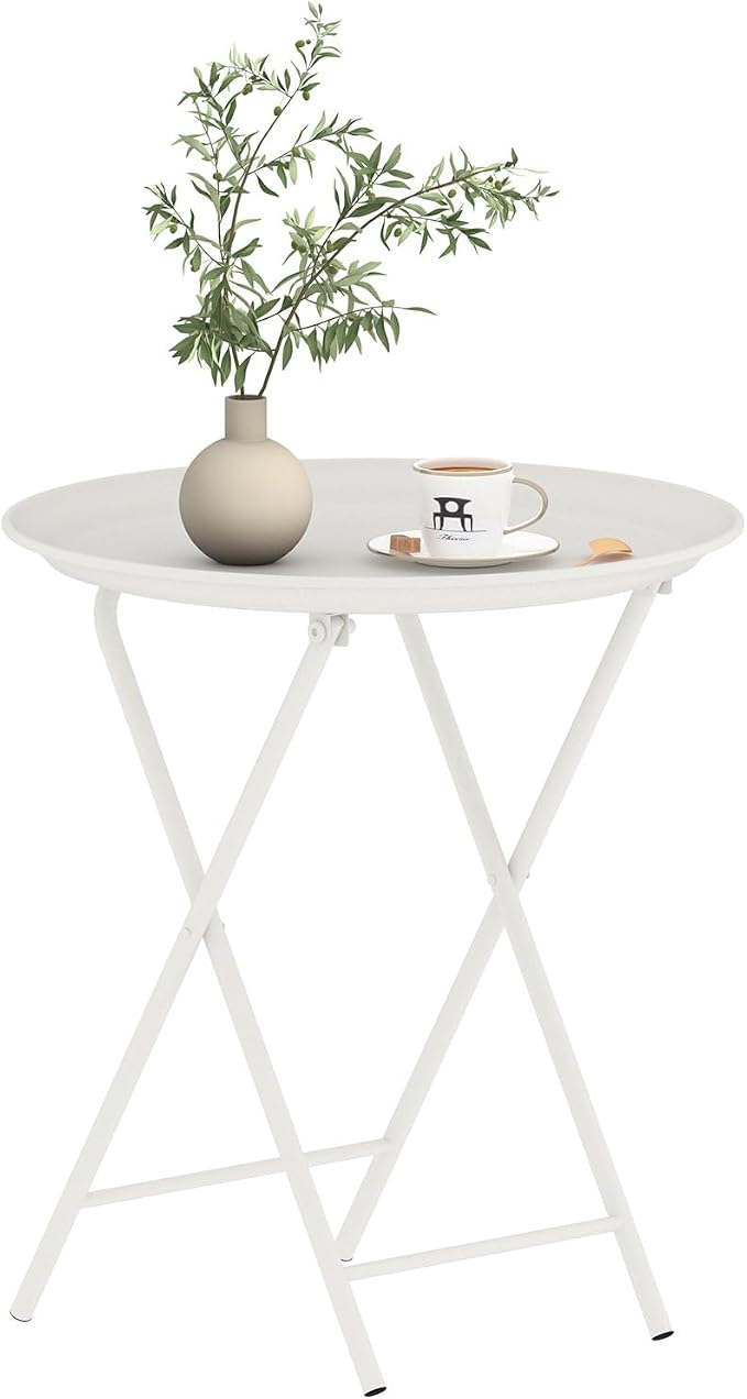 Garden 4 you Folding TV Tray Table, Metal Round Side Table, White Dinner Table with Metal Frame, Modern Outdoor Tray Table for Living Room, Bedroom, Patio & Small Spaces, 1 Pack