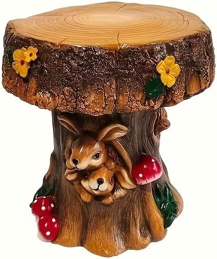 12.6" Resin Squirrel Garden Chair, Indoor & Outdoor Accent Stool, Brown | Round Tree Stump Design w/ Squirrel Details, Weather-Resistant for Patio, Backyard, Terrace & Home Decor