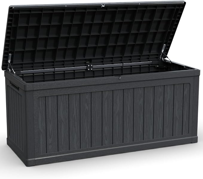Large Outdoor Storage Deck Box for Patio Furniture, Cushions, Garden Tools and Sports Equipment, Weather-Resistant Resin with Locking Lid (Black + Plastic-1)