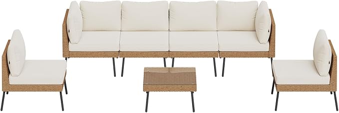 Aoxun Patio Furniture Set, 7 Piece Outdoor Sectional Sofas with Thick Cushion, Wicker Outdoor Patio Furniture Set with Coffee Table for Party, Garden, Backyard, Beige