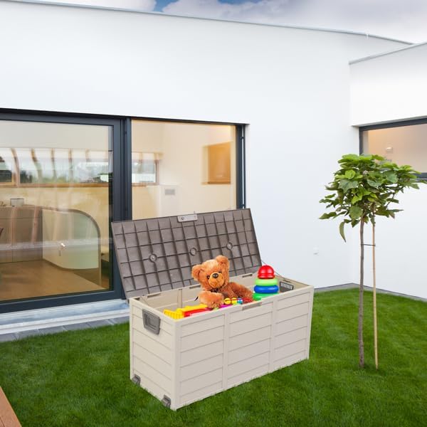 260L Garden Storage Box With Wheels,Plastic Storage Deck Box Chest Outdoor Deck Box Storage for Patio Furniture,Outdoor Storage Boxes, Deck Storage for Patio, 44"L x 21.3"W x 19.3"H
