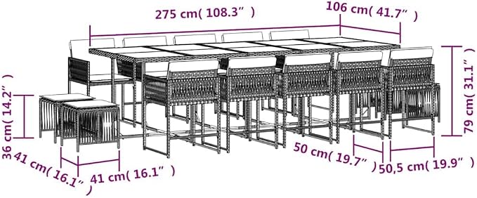 14-Seater Garden Dining Set with PE Rattan and Powder-Coated Steel, Rectangular Table and Stackable Chairs for Patio Backyard, Black and Cream White